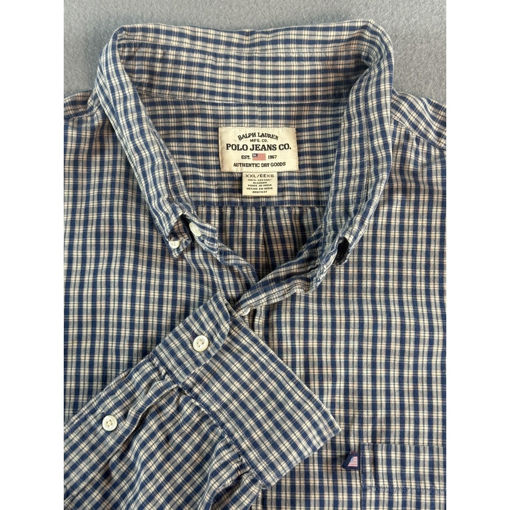 Polo Jeans Co. Shirt Mens 2XL Blue Check‎ Button Down Long Sleeve Cotton Casual